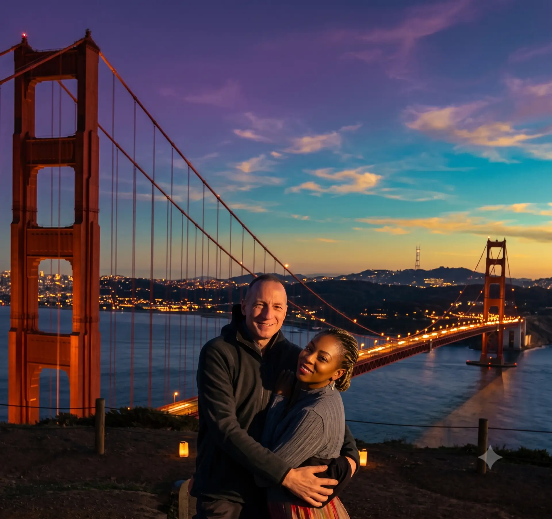 The two of us holding each other at dusk, the Golden Gate Bridge lit up behind us